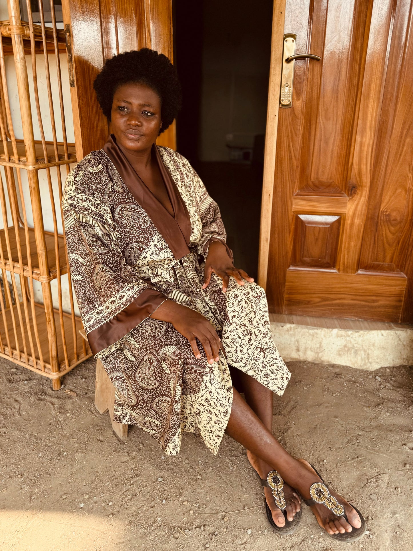 Kimono "Canne à Sucre", Imprimé Africain & Satin (réversible)