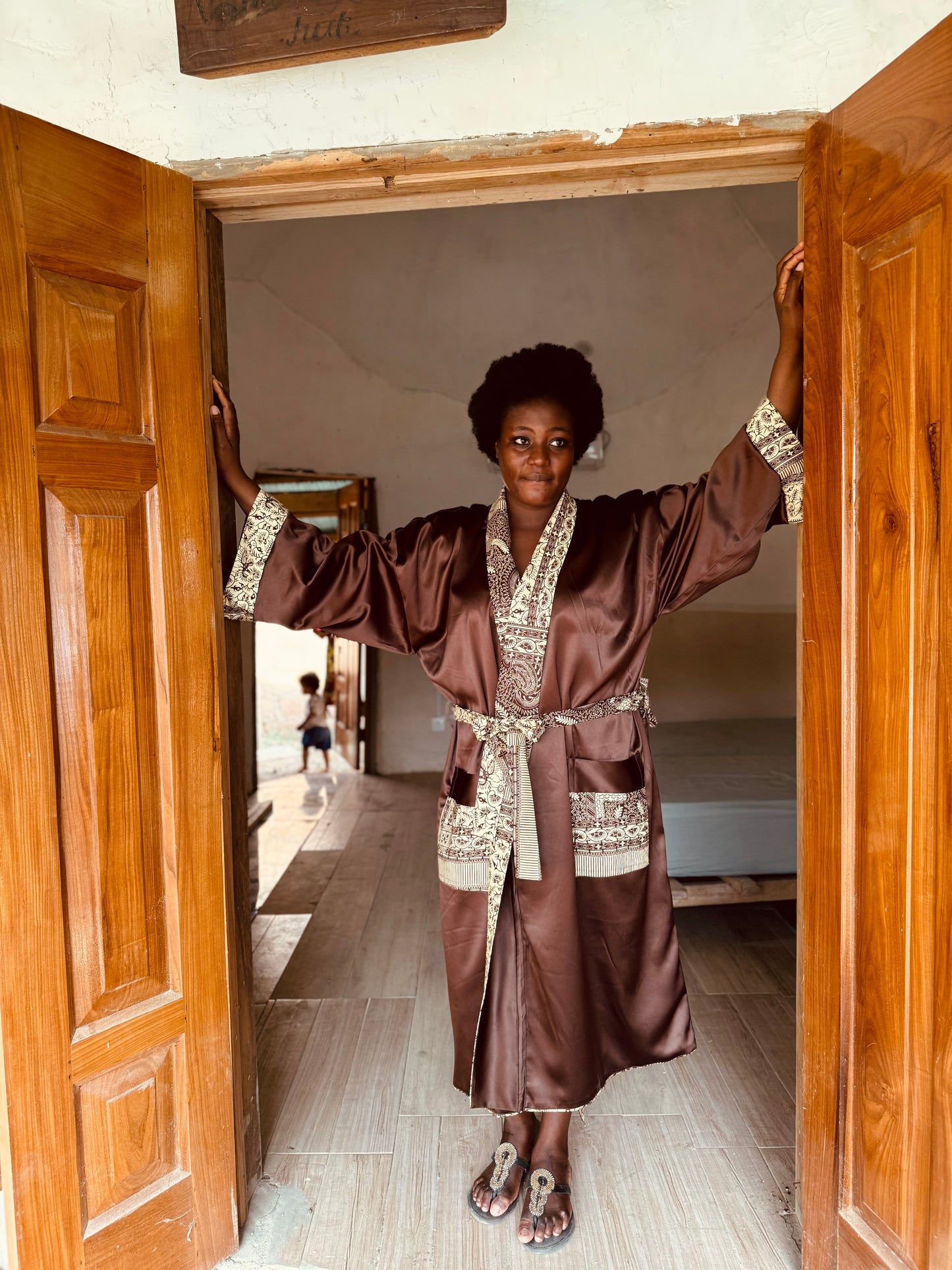 Kimono "Canne à Sucre", Imprimé Africain & Satin (réversible)