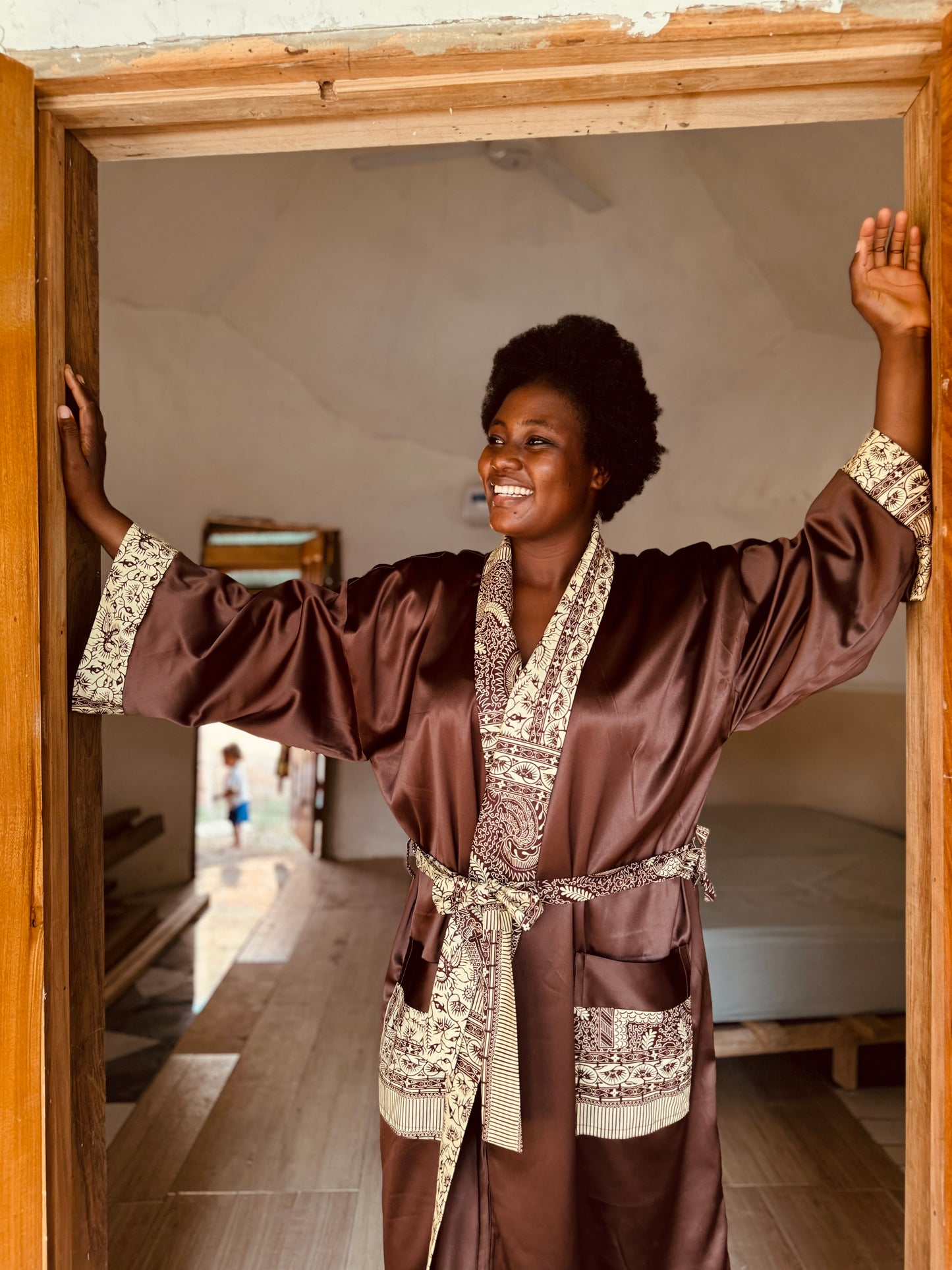 Kimono "Canne à Sucre", Imprimé Africain & Satin (réversible)