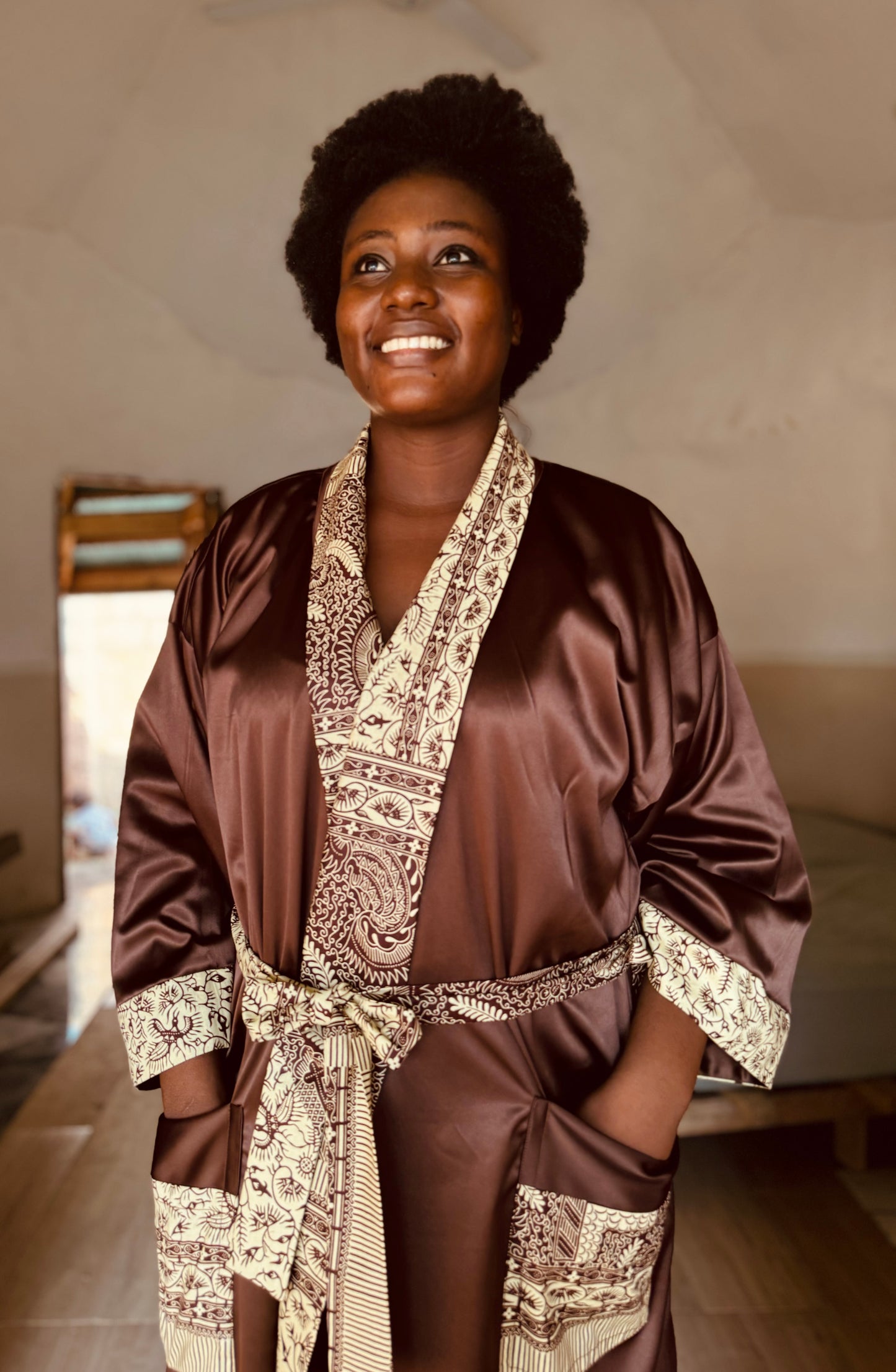 Kimono "Canne à Sucre", Imprimé Africain & Satin (réversible)