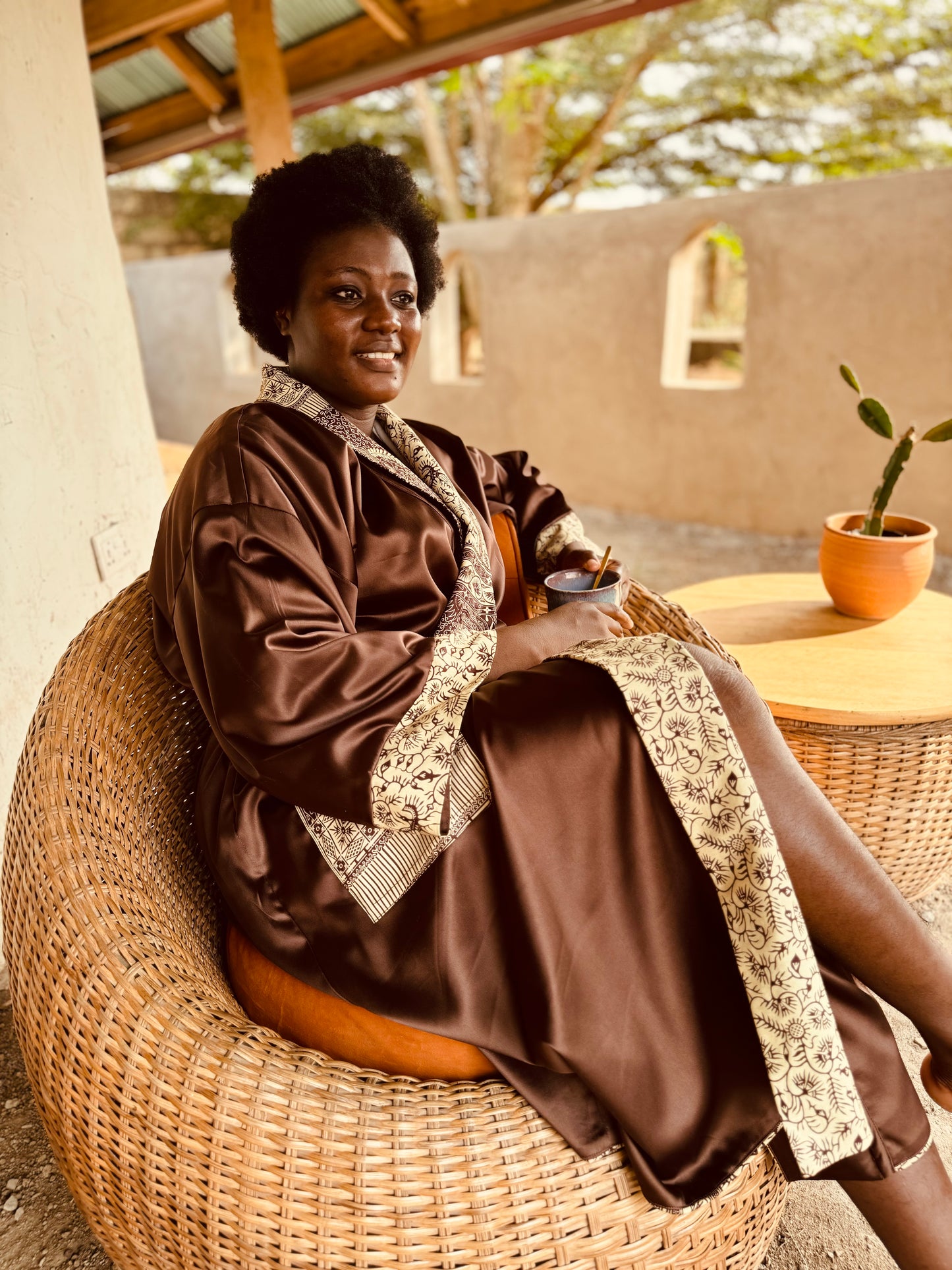 Kimono "Canne à Sucre", Imprimé Africain & Satin (réversible)