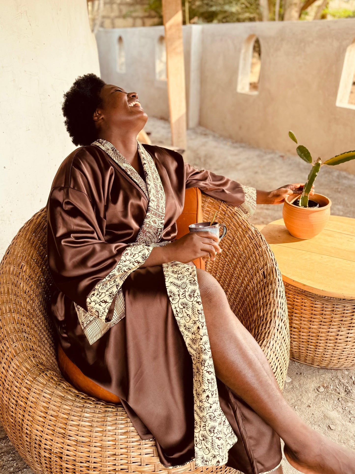 Kimono "Canne à Sucre", Imprimé Africain & Satin (réversible)