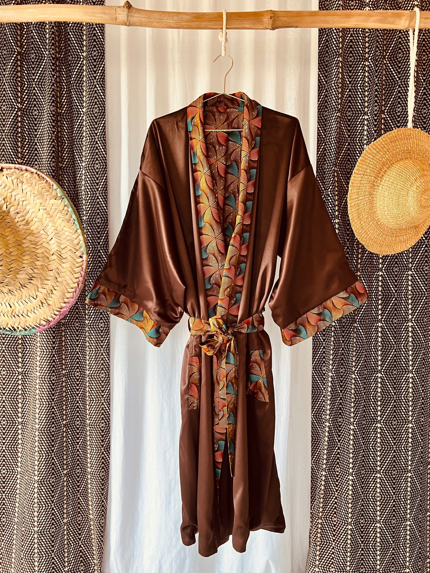 Reversible Afrikimo “Beating Drum III” - Dark Brown Satin