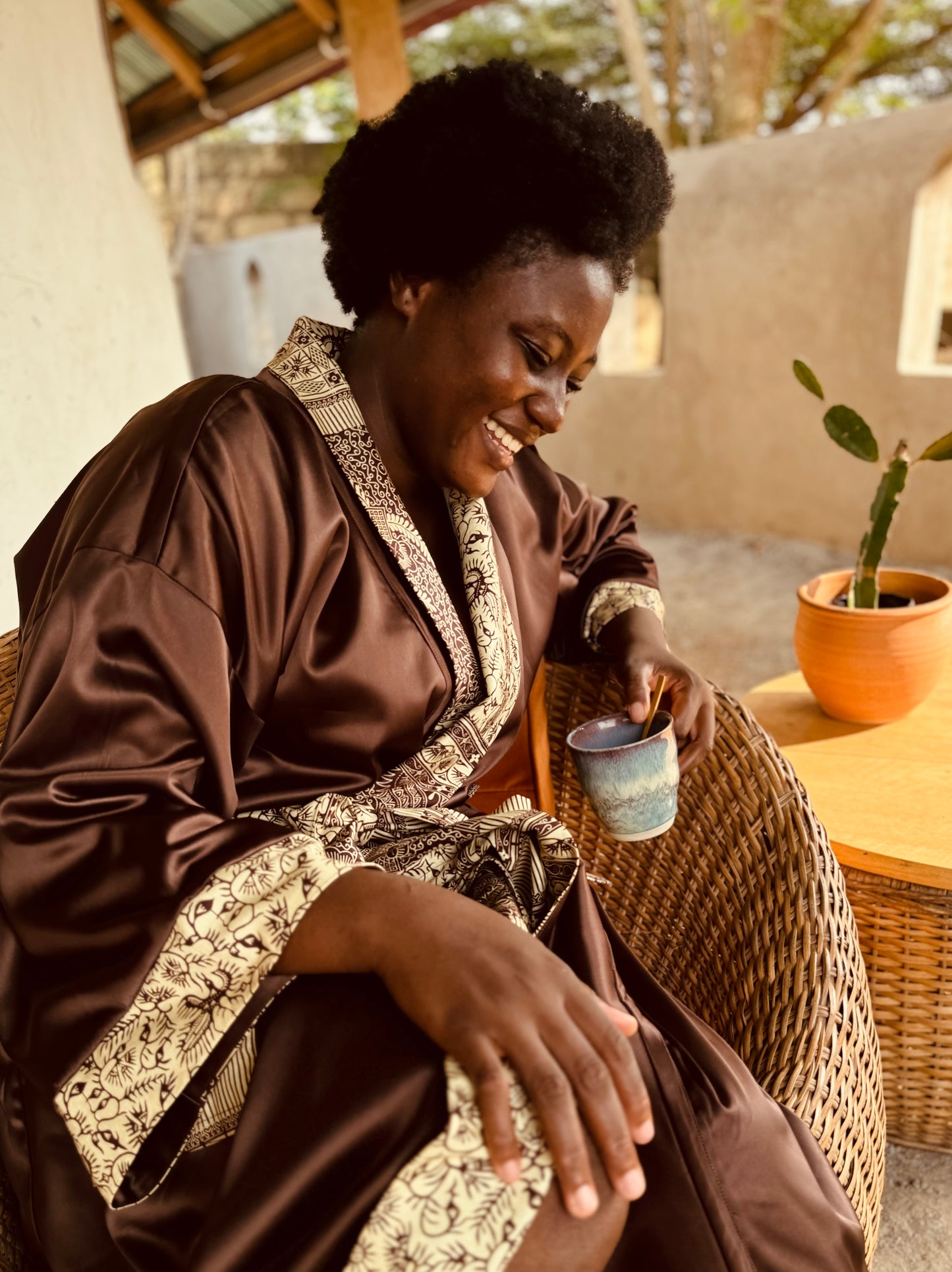 Kimono "Canne à Sucre", Imprimé Africain & Satin (réversible)