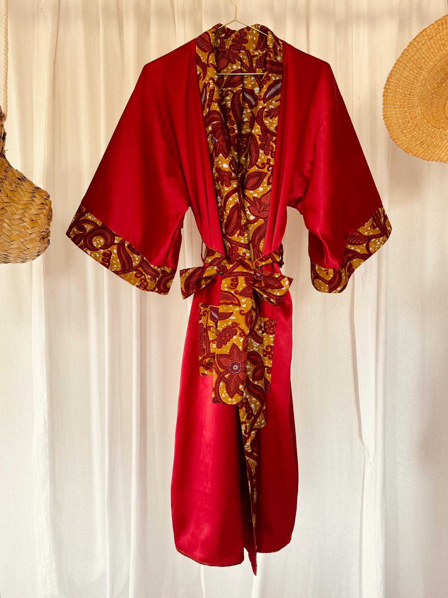 Kimono "Canne à Sucre", Imprimé Africain & Satin (réversible)