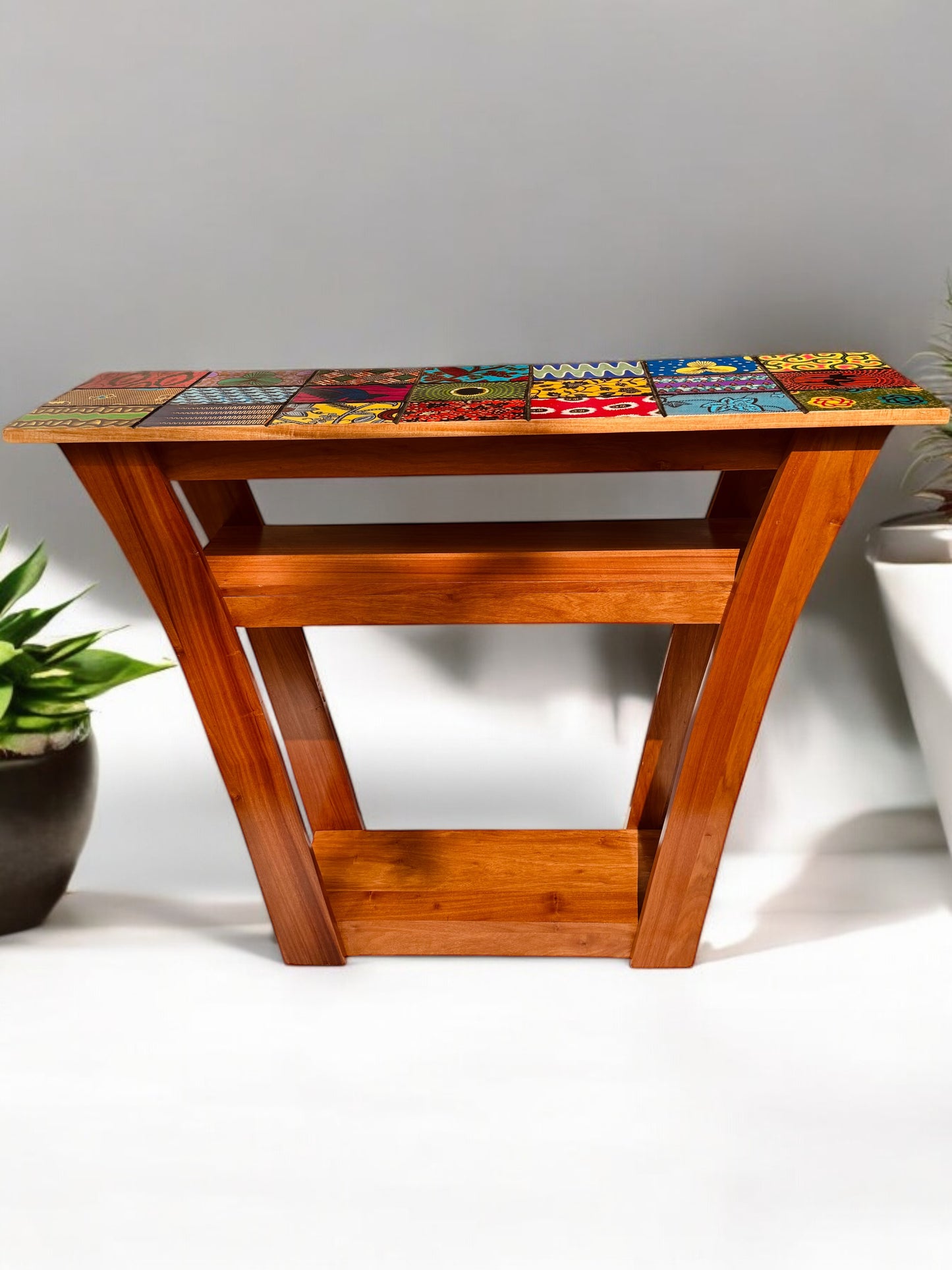 "Mosaics of Ntoma" - Trapezoid Side Table with Sub- and Bottom-Shelf