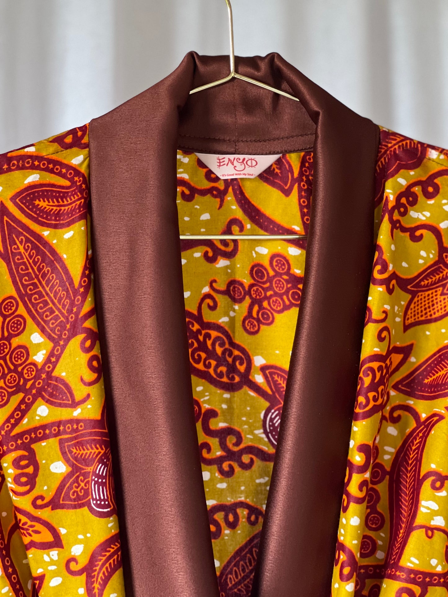 Kimono "Rise and Shine", Imprimé Africain & Satin, Marron/Orange/Vert