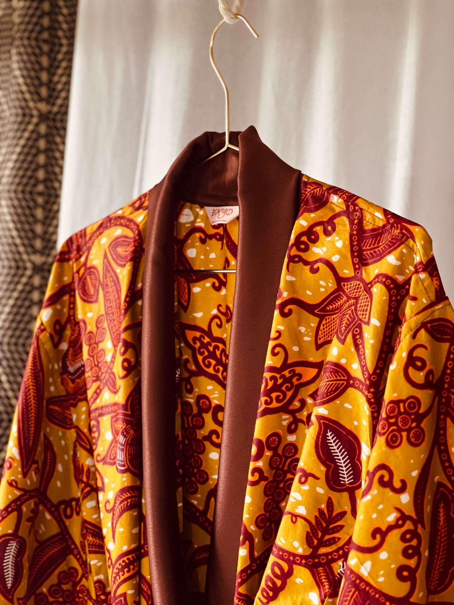 Kimono "Rise and Shine", Imprimé Africain & Satin, Marron/Orange/Vert