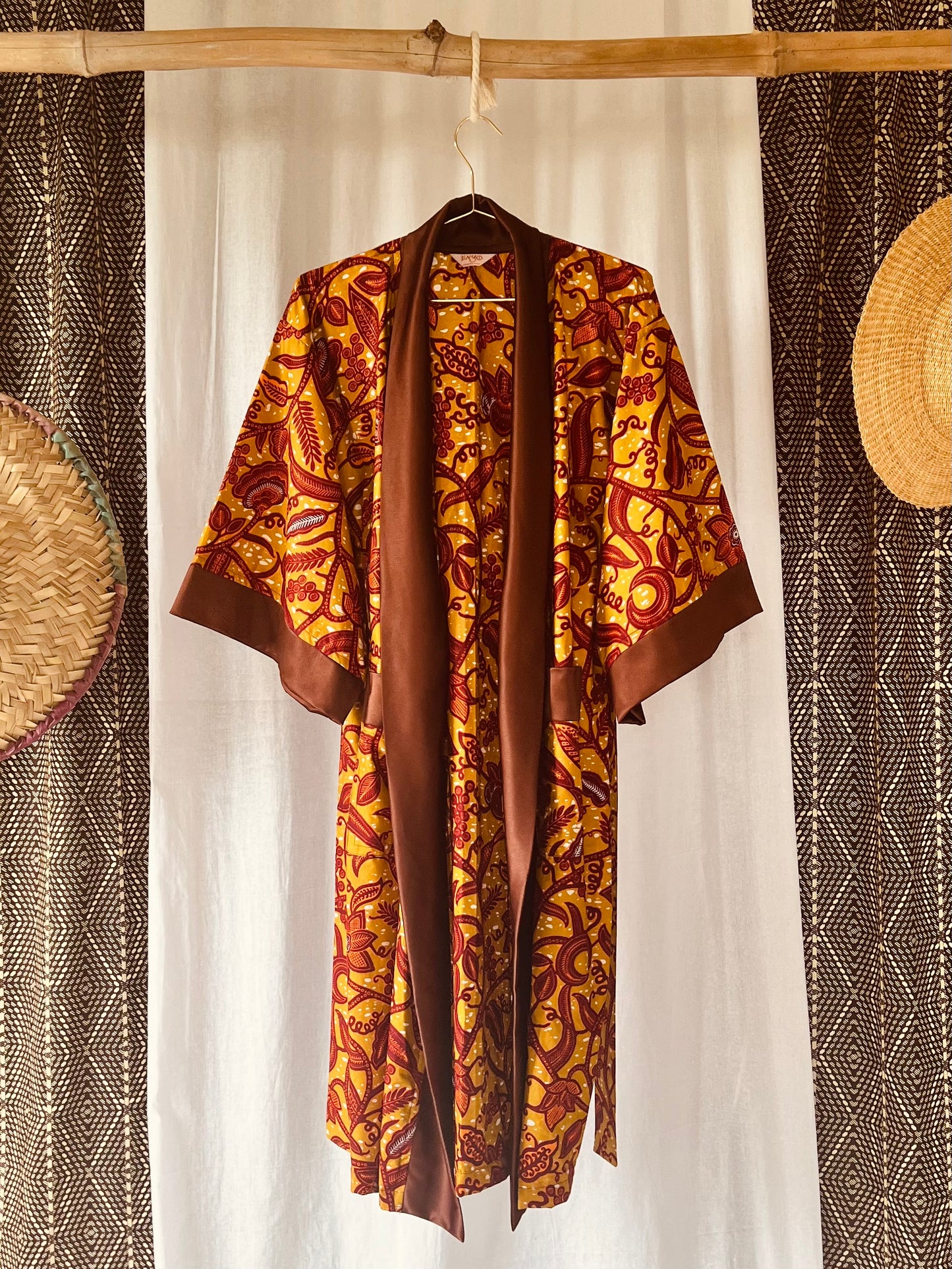 Kimono "Rise and Shine", Imprimé Africain & Satin, Marron/Orange/Vert